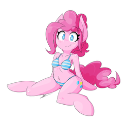 Size: 800x800 | Tagged: dead source, safe, artist:red-poni, pinkie pie, earth pony, anthro, semi-anthro, g4, adorasexy, arm hooves, belly button, bikini, breasts, clothes, cute, diapinkes, female, sexy, sitting, smiling, solo, stupid sexy pinkie, swimsuit, white pupils
