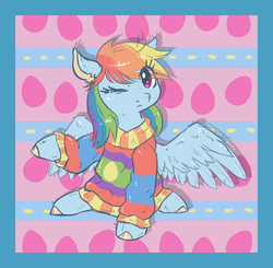 Size: 886x868 | Tagged: safe, artist:kyaokay, rainbow dash, pegasus, pony, g4, clothes, female, looking at you, one eye closed, oversized clothes, rainbow dash always dresses in style, raised hoof, sitting, solo, spread wings, sweater, wings