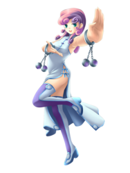 Size: 922x1229 | Tagged: safe, artist:yatonokami, sweetie belle, human, g4, armpits, ass, boots, bracelet, butt, clothes, commission, dress, dual wield, female, high heels, humanized, legwear, looking at you, outfit, raised leg, shoes, side slit, side view, simple background, solo, thigh boots, total sideslit, transparent background