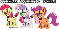 Size: 7000x3480 | Tagged: safe, artist:ex-machinart, apple bloom, scootaloo, sweetie belle, earth pony, pony, robot, robot pony, unicorn, friendship is witchcraft, g4, apple bloom bot, blank flank, cutie mark acquisition program, cutie mark crusaders, female, filly, foal, hooves, horn, scootabot, snooty snark evaders, sweetie bot, text, wings