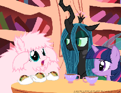 Size: 650x500 | Tagged: safe, artist:mixermike622, queen chrysalis, twilight sparkle, oc, oc:fluffle puff, tumblr:ask fluffle puff, g4, animated, april fools, burger, freakout, hamburger, loop