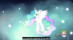 Size: 633x350 | Tagged: safe, screencap, princess celestia, g4, magical mystery cure, my little pony: friendship is magic, female, hub logo, meme, solo, youtube caption