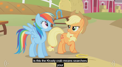 Size: 628x343 | Tagged: safe, screencap, applejack, rainbow dash, fall weather friends, g4, big pink loser, horseshoes, krusty krab, meme, spongebob squarepants, sweet apple acres, youtube caption