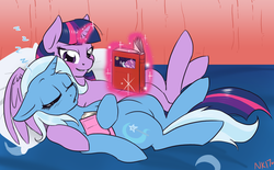 Size: 1024x635 | Tagged: safe, artist:naomiknight17, trixie, twilight sparkle, alicorn, pony, g4, blushing, book, female, hug, lesbian, mare, ship:twixie, shipping, sleeping, twilight sparkle (alicorn), zzz