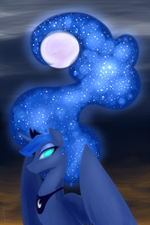 Size: 1024x1536 | Tagged: safe, artist:valcron, princess luna, alicorn, pony, g4, female, full moon, horn, jewelry, lineless, looking at you, mare, moon, regalia, solo, tiara, wings