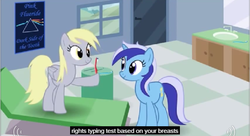 Size: 642x348 | Tagged: safe, screencap, derpy hooves, minuette, pegasus, pony, g4, female, mare, meme, wat, youtube caption