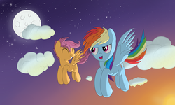 Size: 3000x1800 | Tagged: safe, artist:cpt-firespit, rainbow dash, scootaloo, pegasus, pony, blank flank, cloud, evening, eyes closed, female, filly, flying, foal, full moon, mare, moon, open mouth, scootaloo can fly, sky, smiling, spread wings, stars, sun, wings