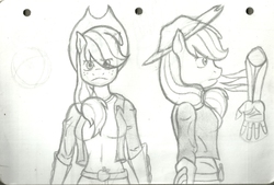 Size: 5195x3521 | Tagged: safe, artist:hosendamaru, applejack, earth pony, anthro, g4, female, monochrome, paper, pencil drawing, sketch, solo, traditional art, wear, when hope falls