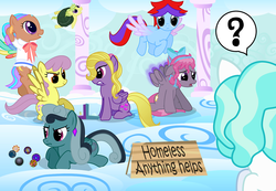 Size: 1280x886 | Tagged: safe, artist:violetclm, baby ember (g1), lily blossom, paisley, parasol, oc, oc:dizzy pinwheel, oc:loyal-tan, pegasus, pony, hoofstuck, equestria girls, g4, background human, battlecloud, board game, cloudsdale, cowboys and equestrians, equestria girls ponified, female, mad (tv series), mad magazine, mare, ponified, question mark, sign, skaia