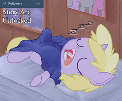 Size: 600x500 | Tagged: safe, artist:a6p, amethyst star, derpy hooves, dinky hooves, sparkler, pegasus, pony, unicorn, ask dinky doo, g4, bed, blanket, drool, female, filly, mare, misleading thumbnail, not a penis, not what it looks like, sleeping, snoring, solo, tongue out, zzz