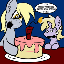 Size: 1280x1280 | Tagged: safe, artist:pembroke, derpy hooves, dinky hooves, pegasus, pony, ask dinky doo, g4, birthday cake, cake, dynamite, female, mare, sweat