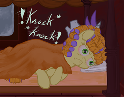 Size: 638x500 | Tagged: safe, artist:a6p, carrot top, golden harvest, written script, ask dinky doo, g4, :c, angry, blanket, hair curlers, ship:goldenscript, sleeping, sleepy