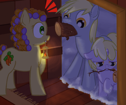 Size: 600x500 | Tagged: safe, artist:a6p, carrot top, derpy hooves, dinky hooves, golden harvest, pegasus, pony, ask dinky doo, g4, female, hair curlers, lantern, log, mare, saddle bag, shivering, sleepy, snow, trio, twig