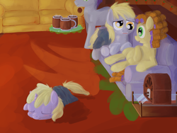Size: 800x600 | Tagged: safe, artist:a6p, carrot top, derpy hooves, dinky hooves, golden harvest, written script, pegasus, pony, ask dinky doo, g4, blanket, blushing, female, goldenscript, hair curlers, hot chocolate, mare, mucus, radio, sick, sleeping, snot