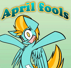 Size: 500x479 | Tagged: safe, artist:askincompetentlightningdust, artist:ralek, lightning dust, pegasus, pony, g4, animated, april fools, bipedal, dancing, female, gif, gradient background, green background, hooves up, looking at you, mare, no pupils, open mouth, silly, silly pony, simple background, smiling, solo, spread wings, text, tumblr, wat, wide eyes, wings