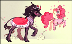 Size: 2893x1777 | Tagged: safe, artist:sutexii, king sombra, pinkie pie, classical unicorn, earth pony, pony, unicorn, g4, blushing, bouncing, butt, cape, clothes, cloven hooves, colored horn, couple, crack shipping, curved horn, duo, female, heart, horn, jumping, leonine tail, male, mare, plot, pronking, shipping, simple background, sombra horn, sombrapie, stallion, tan background, tongue out