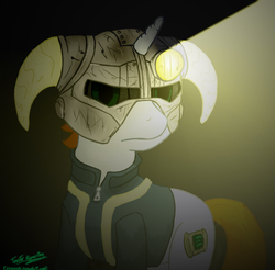 Size: 827x814 | Tagged: dead source, safe, artist:toasterrepairunit, oc, oc only, oc:littlepip, pony, unicorn, fallout equestria, ask-littlepip, clothes, crossover, dovahkiin, fallout, fanfic, fanfic art, female, helmet, horn, horned helmet, jumpsuit, mare, skyrim, solo, the elder scrolls, vault suit