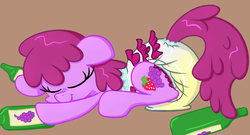 Size: 1280x689 | Tagged: safe, artist:skitter, berry punch, berryshine, g4, bottle, diaper, diaper fetish, frilly diaper, non-baby in diaper, poofy diaper, sleeping, urine, wet diaper