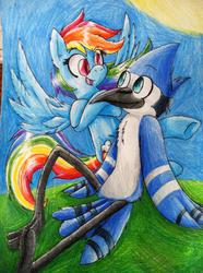 Size: 716x960 | Tagged: safe, artist:mordecairigbylover, rainbow dash, g4, crossover, crossover shipping, female, male, mordecai, mordedash, regular show, shipping, straight, traditional art