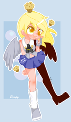 Size: 1000x1727 | Tagged: safe, artist:nm, derpy hooves, human, g4, belly button, clothes, cupcake, female, fingerless gloves, gloves, humanized, midriff, muffin, necktie, pixiv, skirt, socks, solo, winged humanization
