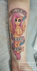 Size: 536x1024 | Tagged: safe, artist:spiggy-the-cat, fluttershy, human, pegasus, pony, g4, arm, female, irl, irl human, lyrics, manly as fuck, mare, motivational, old banner, photo, quote, smiling, solo, spread wings, tattoo, text, the smiths, watermark, wings