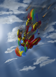 Size: 1440x1980 | Tagged: safe, artist:ardail, rainbow dash, g4, clothes, cosplay, falling, female, iron man, sky, solo, suit