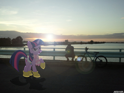 Size: 2560x1920 | Tagged: safe, artist:mrchezco1995, artist:zomgmad, twilight sparkle, human, g4, bicycle, boots, clothes, irl, irl human, lens flare, photo, ponies in real life, saddle, scarf, shadow, sunrise