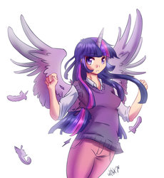 Size: 858x931 | Tagged: safe, artist:whitephox, twilight sparkle, human, g4, feather, female, horn, horned humanization, humanized, simple background, solo, sweater vest, twilight sparkle (alicorn), winged humanization