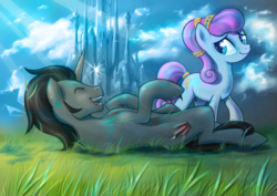 Size: 2000x1413 | Tagged: safe, artist:stasysolitude, king sombra, sapphire joy, crystal pony, earth pony, pony, unicorn, a tale of one shadow, amber leaf, cloud, cloudy, crystal empire, duo, female, grass, happy, looking back, lying down, lying in grass, male, mare, on back, scenery, younger