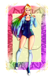 Size: 2480x3507 | Tagged: safe, artist:minamikoboyasy, rainbow dash, human, g4, clothes, converse, female, high res, humanized, kneesocks, leotard, one-piece swimsuit, shoes, skintight clothes, socks, solo, striped socks, swimsuit