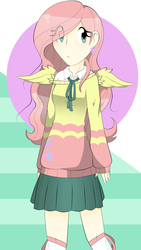 Size: 2322x4128 | Tagged: safe, artist:unicornicopian, fluttershy, human, g4, clothes, female, humanized, miniskirt, skirt, solo, sweater, sweatershy, thigh highs, winged humanization