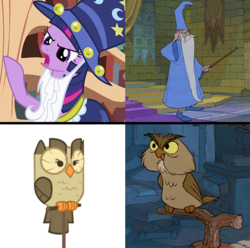 Size: 619x614 | Tagged: safe, owlowiscious, star swirl the bearded, twilight sparkle, human, owl, pony, g4, archimedes (the sword in the stone), comparison, disney, magician, merlin, raised hoof, star swirl the bearded costume, the sword in the stone, wizard