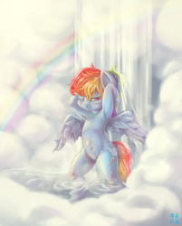 Size: 2272x2830 | Tagged: safe, artist:mrs1989, rainbow dash, pegasus, pony, semi-anthro, g4, armpits, belly button, bipedal, cloud, cloudy, female, high res, looking at you, mare, rainbow, shower, signature, solo, waterfall, waterfall shower, wet, wet mane
