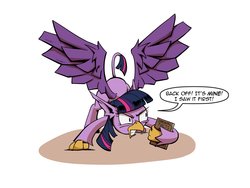 Size: 4000x3000 | Tagged: safe, artist:lovelyneckbeard, twilight sparkle, griffon, g4, angry, book, face down ass up, female, frown, glare, griffon treasure, griffonized, griffons doing griffon things, gritted teeth, my little griffon, simple background, solo, species swap, spread wings, that pony sure does love books, white background, wide eyes