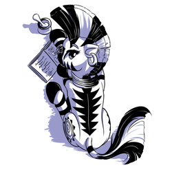 Size: 1000x1000 | Tagged: safe, artist:mykegreywolf, zecora, zebra, g4, back, book, female, high angle, looking back, lying down, monochrome, reading, solo, studying