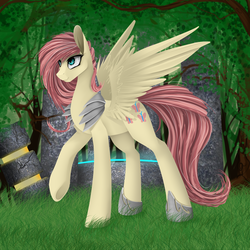 Size: 1500x1500 | Tagged: safe, artist:santagiera, fluttershy, pegasus, pony, g4, armor, female, grass, looking up, mare, outdoors, raised hoof, smiling, solo, standing, tree