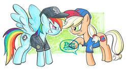 Size: 1023x561 | Tagged: safe, artist:thom zahler, applejack, rainbow dash, earth pony, pegasus, pony, g4, baseball, baseball cap, c2e2, c2e2 2014, chicago cubs, chicago white sox, clothes, female, hat, looking at each other, looking at someone, mare, mlb, open mouth, shirt, tail, traditional art, watermark