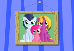 Size: 5055x3500 | Tagged: safe, artist:furrgroup, soarin', oc, oc:bright star, oc:rose, earth pony, pony, unicorn, g4, bright star, canon x oc, cute, family, frame, group photo, photo, picture, prone, sitting, smiling, trio