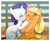 Size: 1062x864 | Tagged: safe, artist:hotomura, applejack, rarity, earth pony, pony, unicorn, g4, blushing, cute, eyes closed, female, freckles, kissing, lesbian, mare, open mouth, pixiv, ship:rarijack, shipping, sitting, sweat, wink