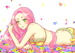 Size: 1123x794 | Tagged: safe, artist:coma, fluttershy, human, g4, bikini, clothes, female, flower, frilly underwear, humanized, pixiv, prone, ribbon, solo, swimsuit