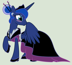 Size: 1600x1439 | Tagged: safe, artist:evilfrenzy, princess luna, alicorn, pony, g4, alternate hairstyle, blushing, clothes, dress, female, gala dress, high heels, mare, shy, simple background, smiling, solo, vector