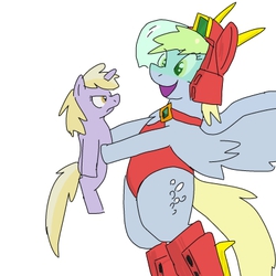 Size: 400x400 | Tagged: safe, artist:kushina13, derpy hooves, dinky hooves, pegasus, pony, g4, battle of the planets, bipedal, dinky hooves is not amused, duo, duo female, female, gatchaman, mare, mother and daughter, unamused