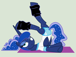 Size: 1600x1208 | Tagged: safe, artist:evilfrenzy, princess luna, pony, g4, alternate hairstyle, clothes, female, leg warmers, pigtails, ponytail, solo, sweat, vector, yoga