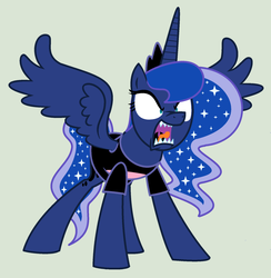 Size: 1600x1640 | Tagged: safe, artist:evilfrenzy, princess luna, alicorn, pony, g4, clothes, female, mare, sharp teeth, shirt, simple background, solo, spread wings, vector, wings