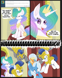 Size: 2800x3500 | Tagged: safe, artist:fauxsquared, applejack, princess celestia, trixie, trixie is magic, tumblr:it's always sunny in canterlot, g4, applejack riding trixie, high res, pearjack, ponies riding ponies, riding, royal guard, tumblr