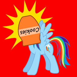 Size: 3200x3200 | Tagged: safe, artist:waveywaves, rainbow dash, pegasus, pony, g4, cookie jar, female, high res, mare, red background, silly, silly pony, simple background, solo, spread wings, wings