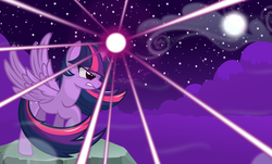 Size: 5300x3200 | Tagged: safe, artist:godoffury, twilight sparkle, alicorn, pony, g4, angry, cloud, female, magic, mare, moon, solo, starry night, twilight sparkle (alicorn)