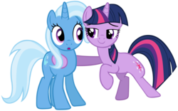 Size: 5500x3430 | Tagged: safe, artist:cloudy glow, trixie, twilight sparkle, g4, magic duel, bipedal, bipedal leaning, duo, hug, leaning, simple background, transparent background, vector