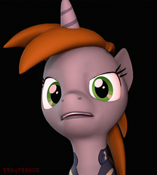 Size: 805x900 | Tagged: safe, artist:the4thaggie, oc, oc only, oc:littlepip, pony, unicorn, fallout equestria, 3d, black background, clothes, fanfic, fanfic art, female, horn, jumpsuit, looking at you, mare, open mouth, portrait, simple background, solo, source filmmaker, teeth, vault suit