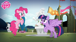 Size: 1920x1080 | Tagged: safe, pinkie pie, twilight sparkle, alicorn, earth pony, pony, g4, official, restore the elements of magic, canterlot, duo, duo female, element of laughter, female, flying, game, garden, hasbro, jumping, mare, midair, statue, twilight sparkle (alicorn), wallpaper